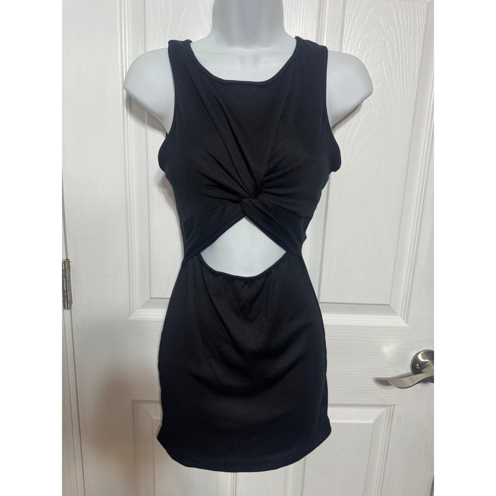 All SaintsBlack Ribbed Twist Front Cutout Bodycon Mini Dress Sleeveless Scoop S